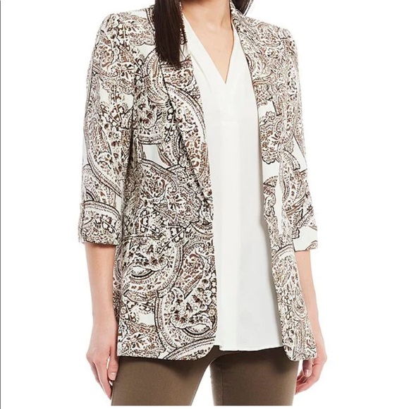 Calvin Klein Paisley Print Linen-Blend Collar Roll-Tab Sleeve Open Front Jacket - Picture 1 of 16